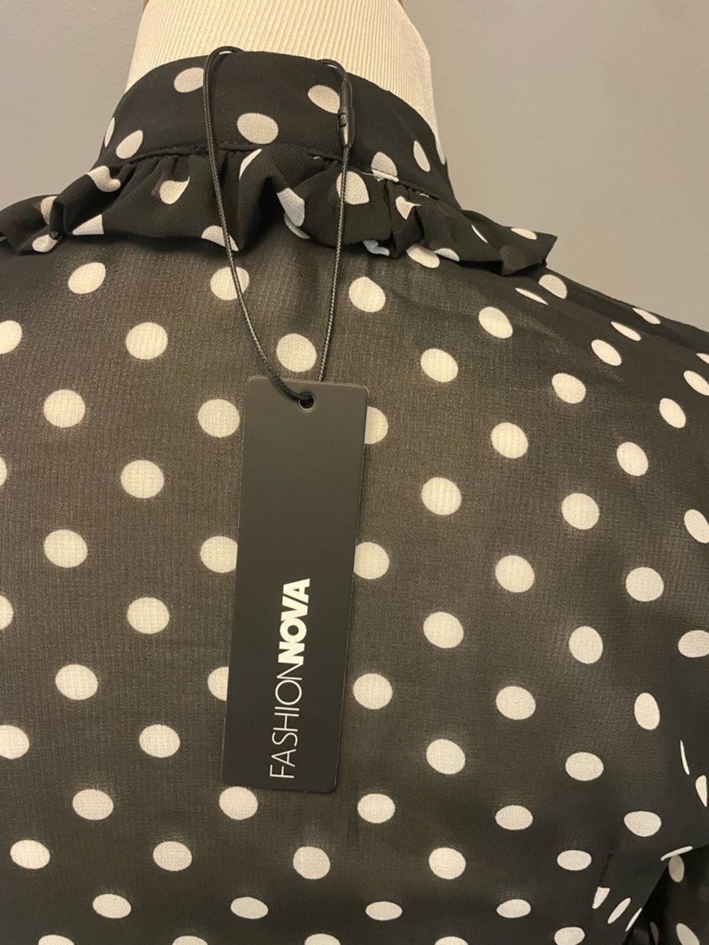 Fashion Nova Black and White Polka Dot Ruffle Tie-Neck Blouse - Picture 5 of 13